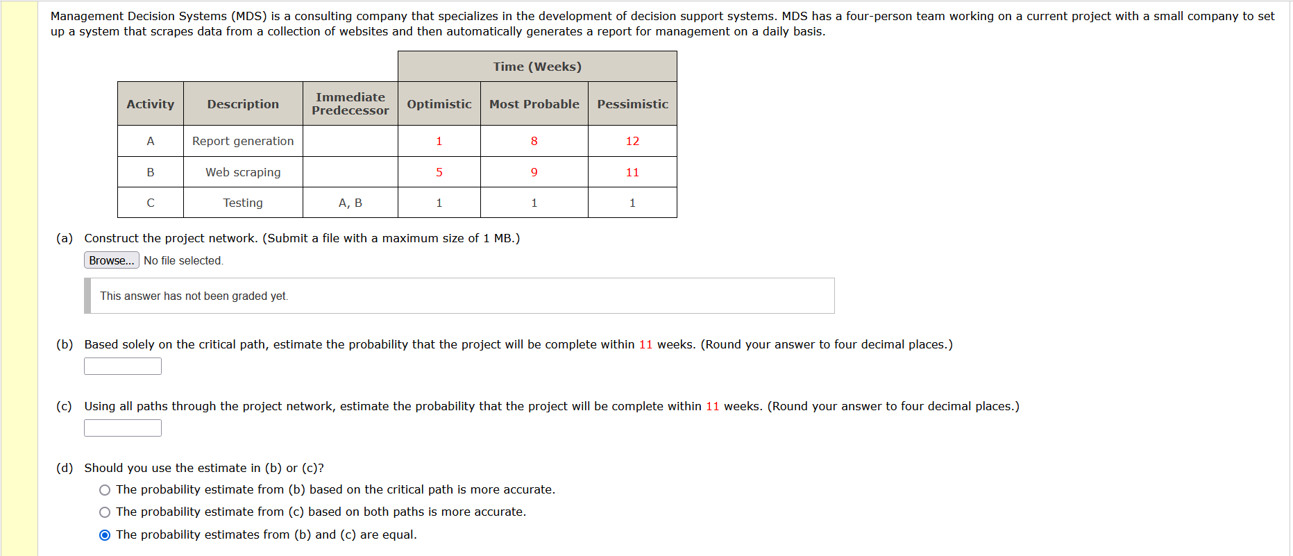 (a) Construct the project network. (Submit a file with a maximum