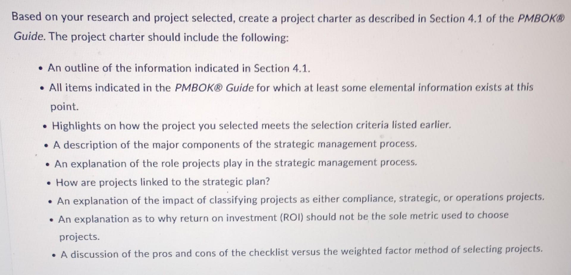 Based on your research and project selected, create a project charter