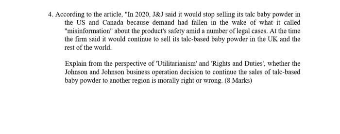 in the Answer booklet. Johnson \& Johnson to replace talc-based powder with