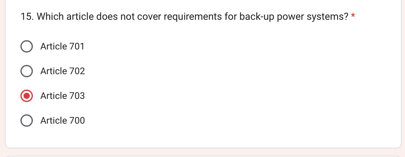  Which article does not cover requirements for back-up power systems? *