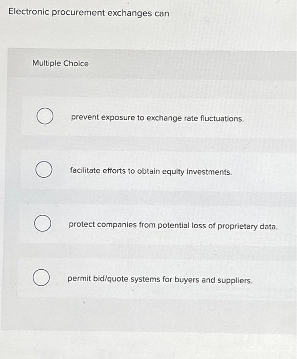  Electronic procurement exchanges can Multiple Choice O O O O prevent