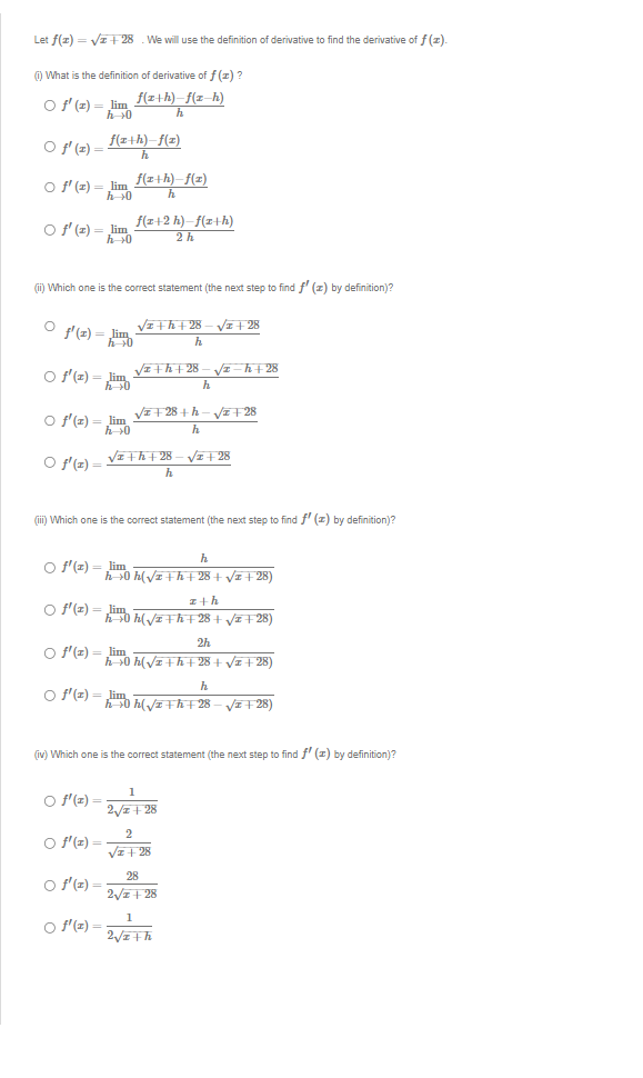 Please Solve Let f(x) = vi + 28 . We will use