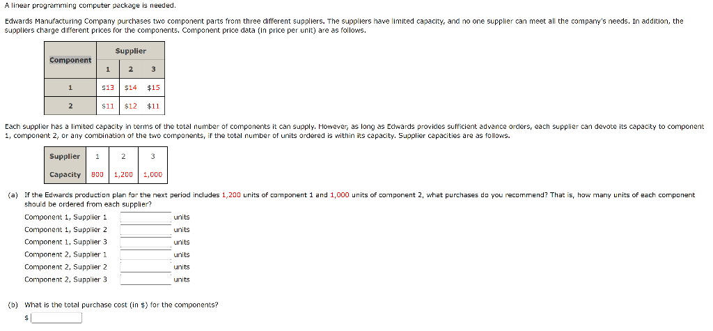 A linear programming computer package is needed. suppliers charge different prices