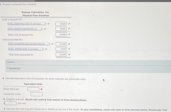 Flow, Equivalent Units, Unit Costs, Cost Assignment. Swasey Fabrication, Inc., manufactures frames