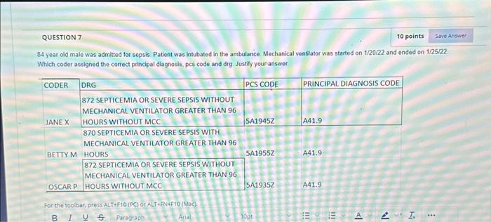 principal diagnosis, pcs code and drg Justify your answer. 84 year old