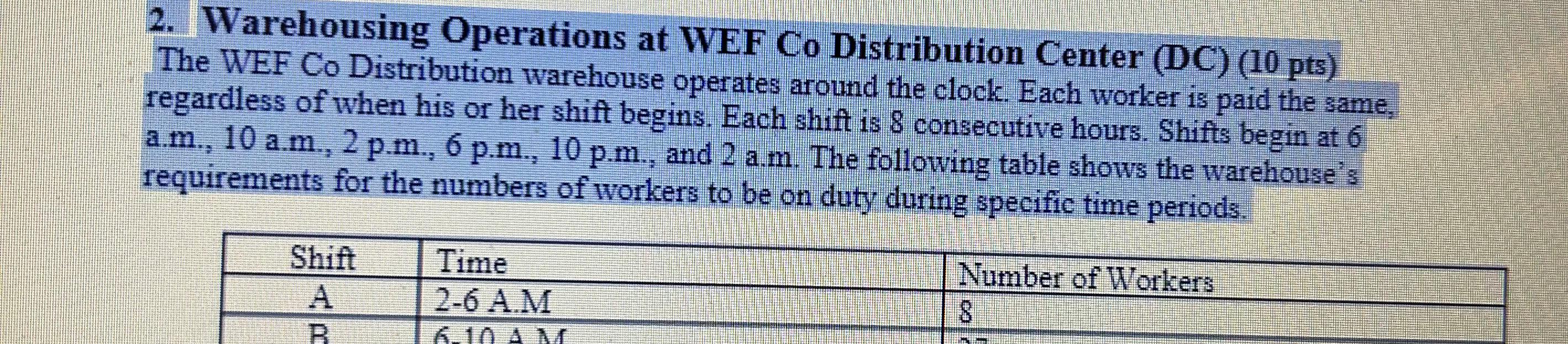  Warehousing Operations at WEF Co Distribution Center (DC)(10pts) The WEF Co