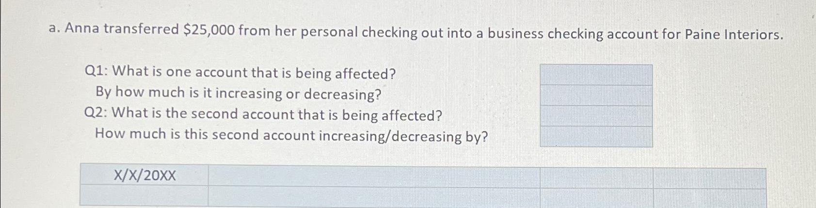  a. Anna transferred $25,000 from her personal checking out into a