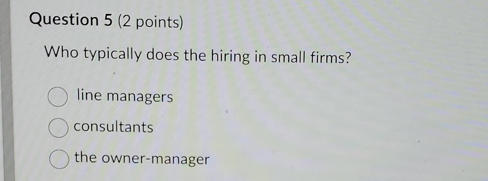  Question 5(2 points) Who typically does the hiring in small firms?