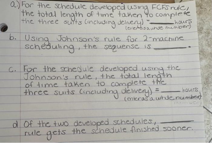 Using the FCFS rule for scheduling, the sequence is Sunny Park Tailors