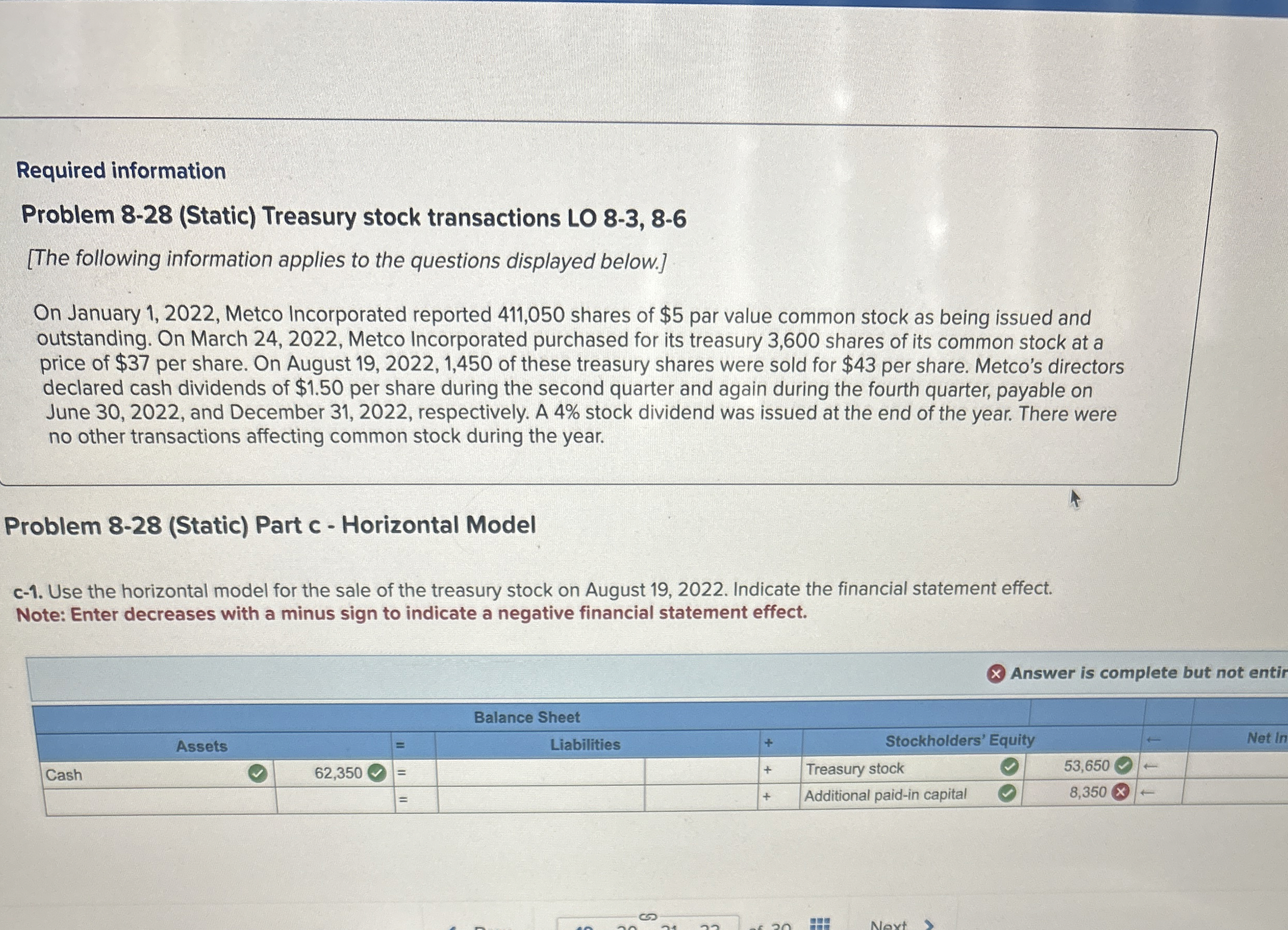 Required information Problem 8-28(Static) Treasury stock transactions LO 8-3,8-6 [The following