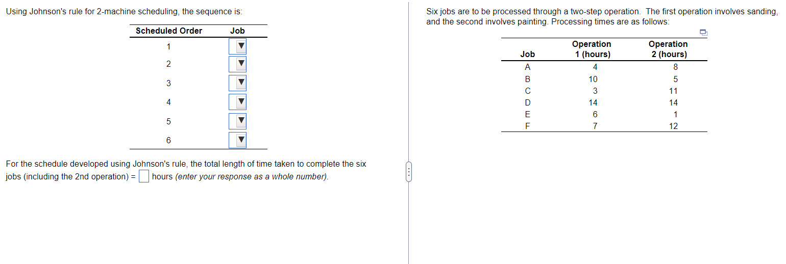  Using Johnson's rule for 2-machine scheduling, the sequence is: Six jobs