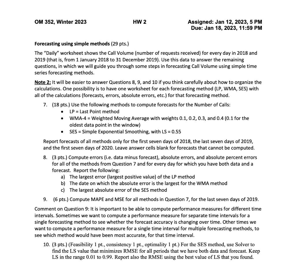  Forecasting using simple methods (29 pts.) The "Daily" worksheet shows the
