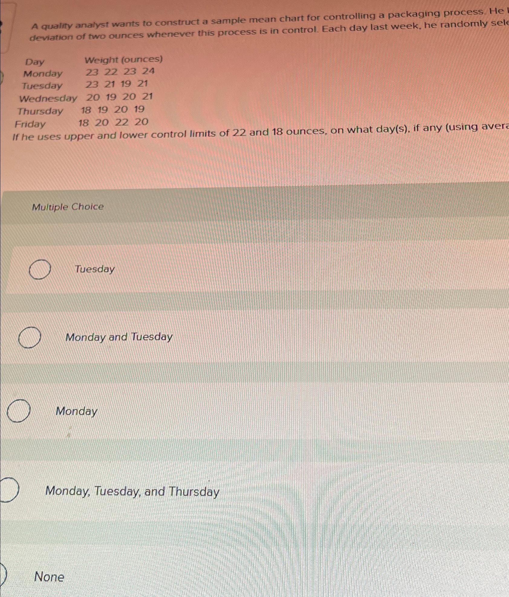  A quality analyst wants to construct a sample mean chart for