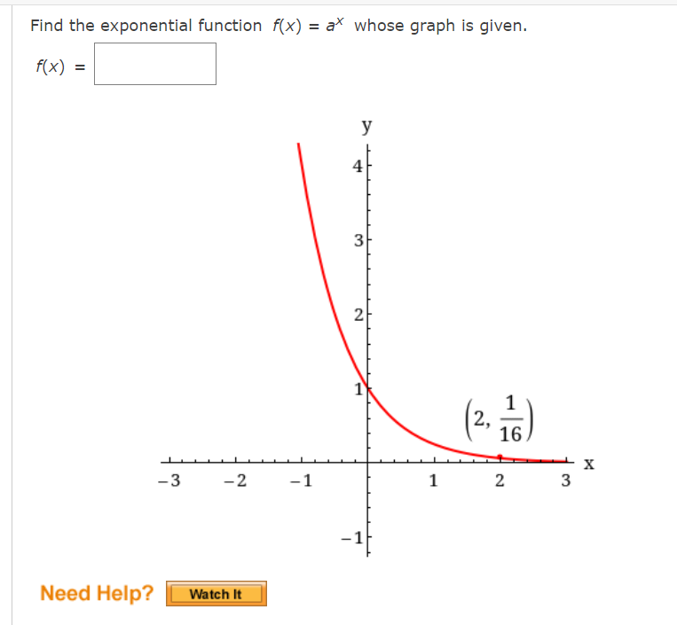 Find the exponential function x) = ax whose graph is given.