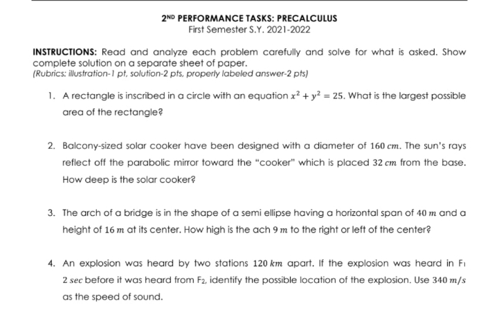 Please answer thank you 2ND PERFORMANCE TASKS: PRECALCULUS First Semester S.Y. 2021-2022