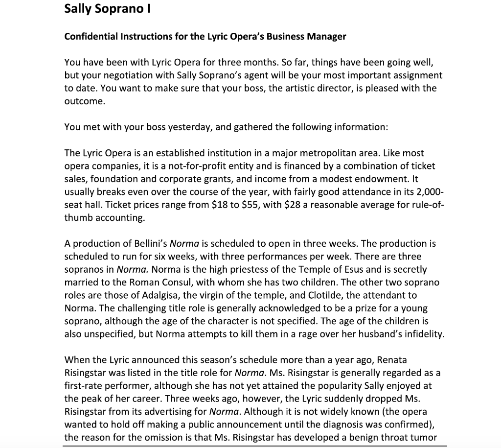 Agents representing Lyric Opera, OVERVIEW: The Sally Soprano simulation includes roles for