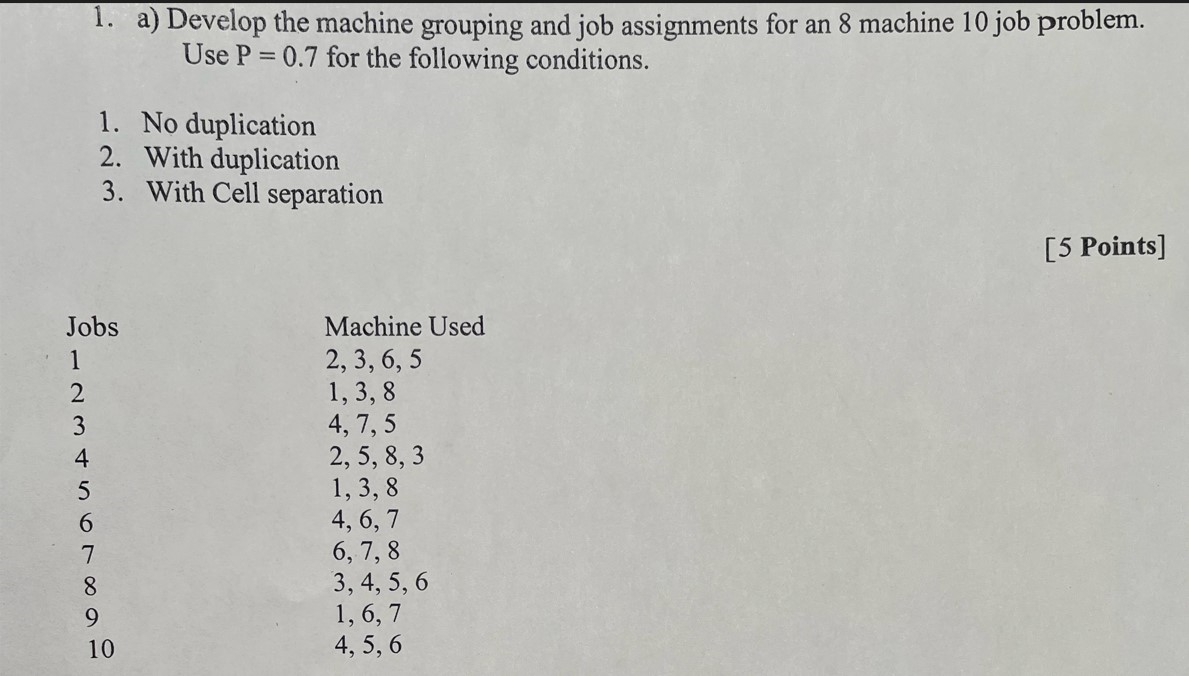 1. a) Develop the machine grouping and job assignments for an