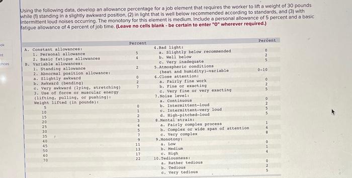  Ising the following data, develop an allowance percentage for a job
