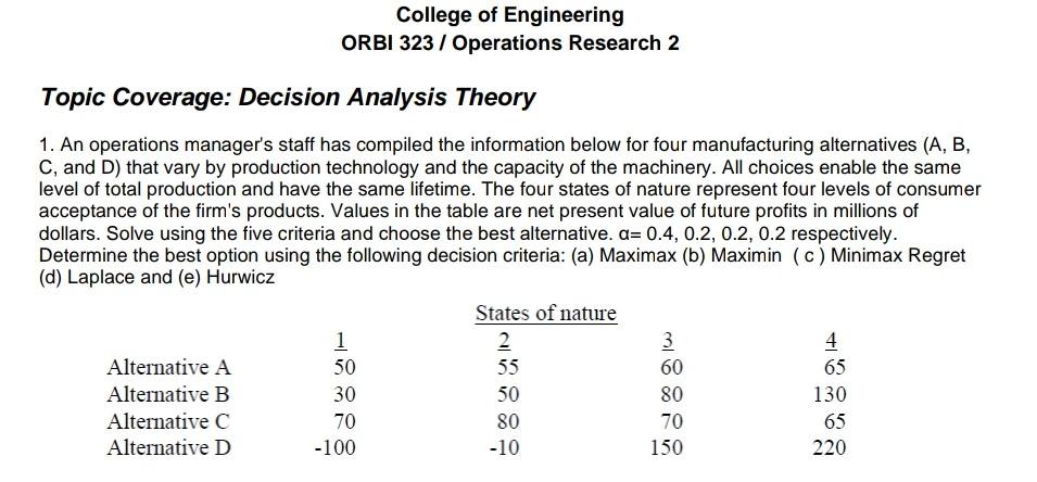  Topic Coverage: Decision Analysis Theory 1. An operations manager's staff has