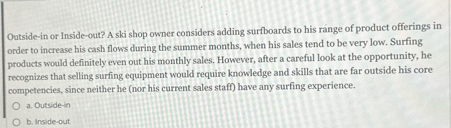  Outside-in or Inside-out? A ski shop owner considers adding surfboards to