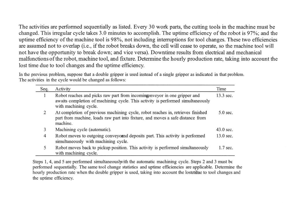  The activities are performed sequentially as listed. Every 30 work parts,