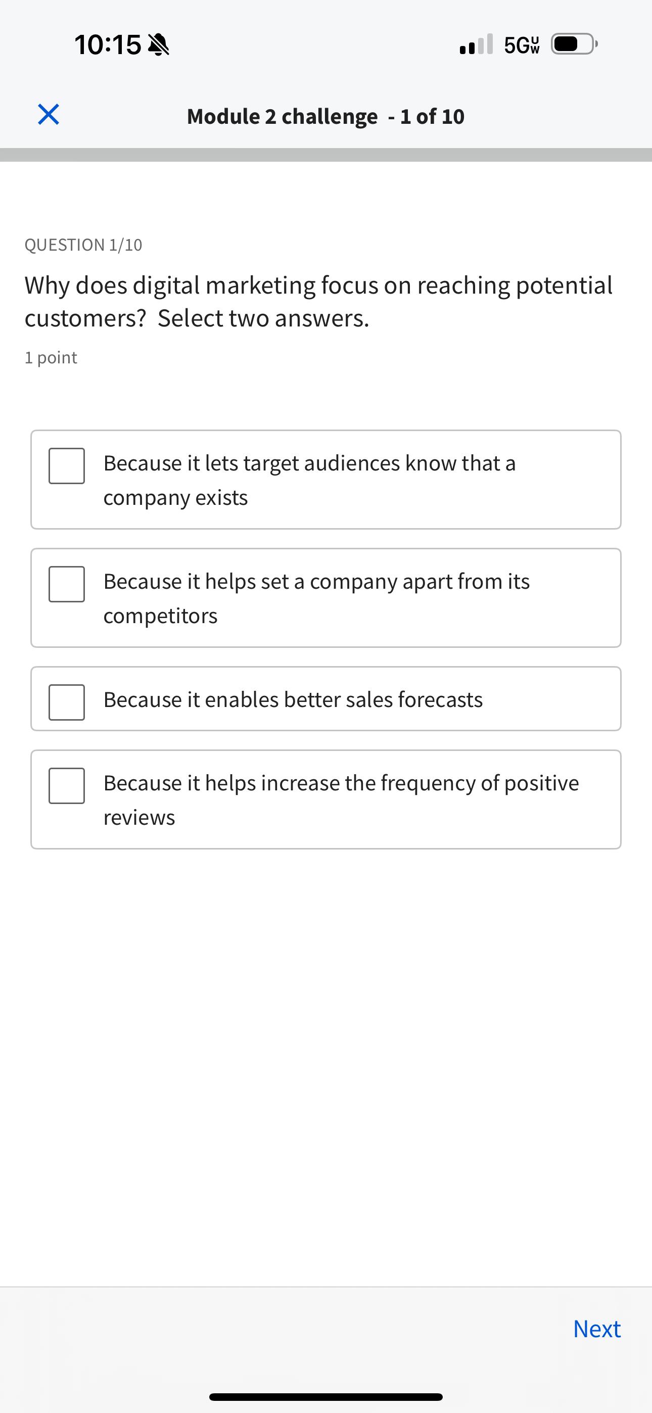 10:15 .I 5Gwu Module 2 challenge -1 of 10 QUESTION 1/10