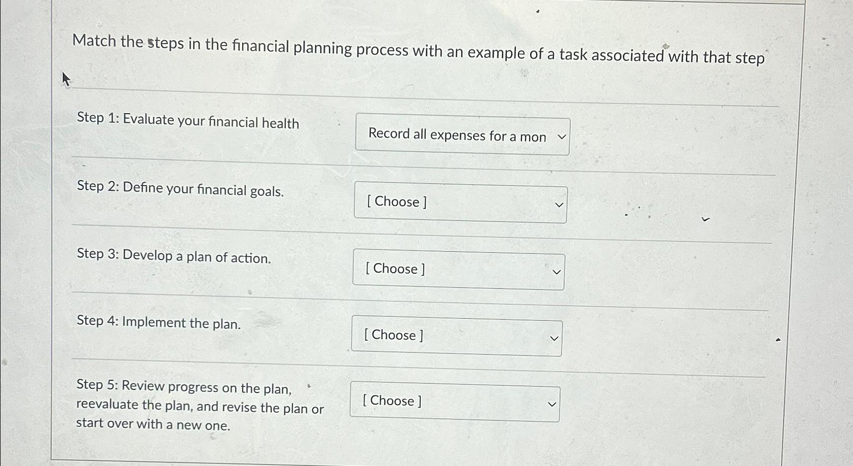  Match the steps in the financial planning process with an example
