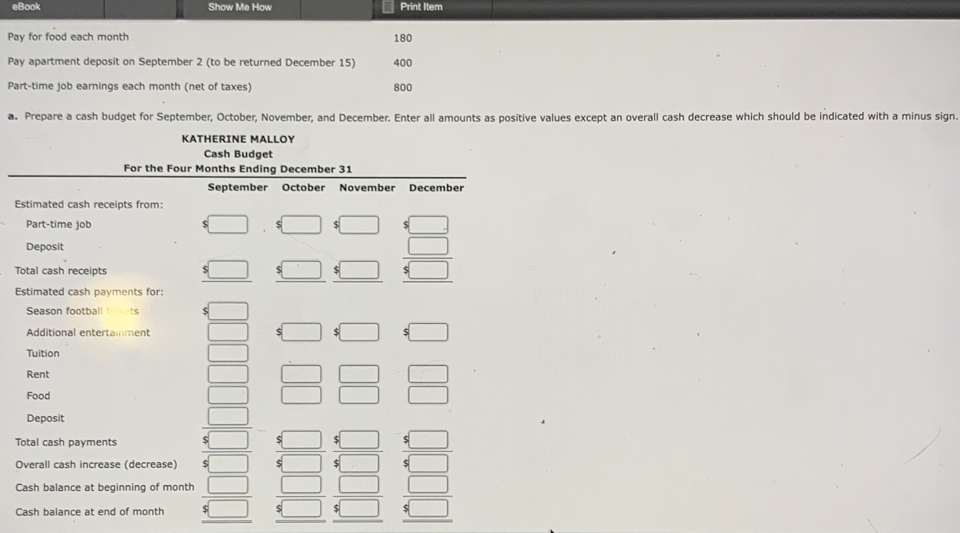 The following information relates to the budget: Pay for food each month