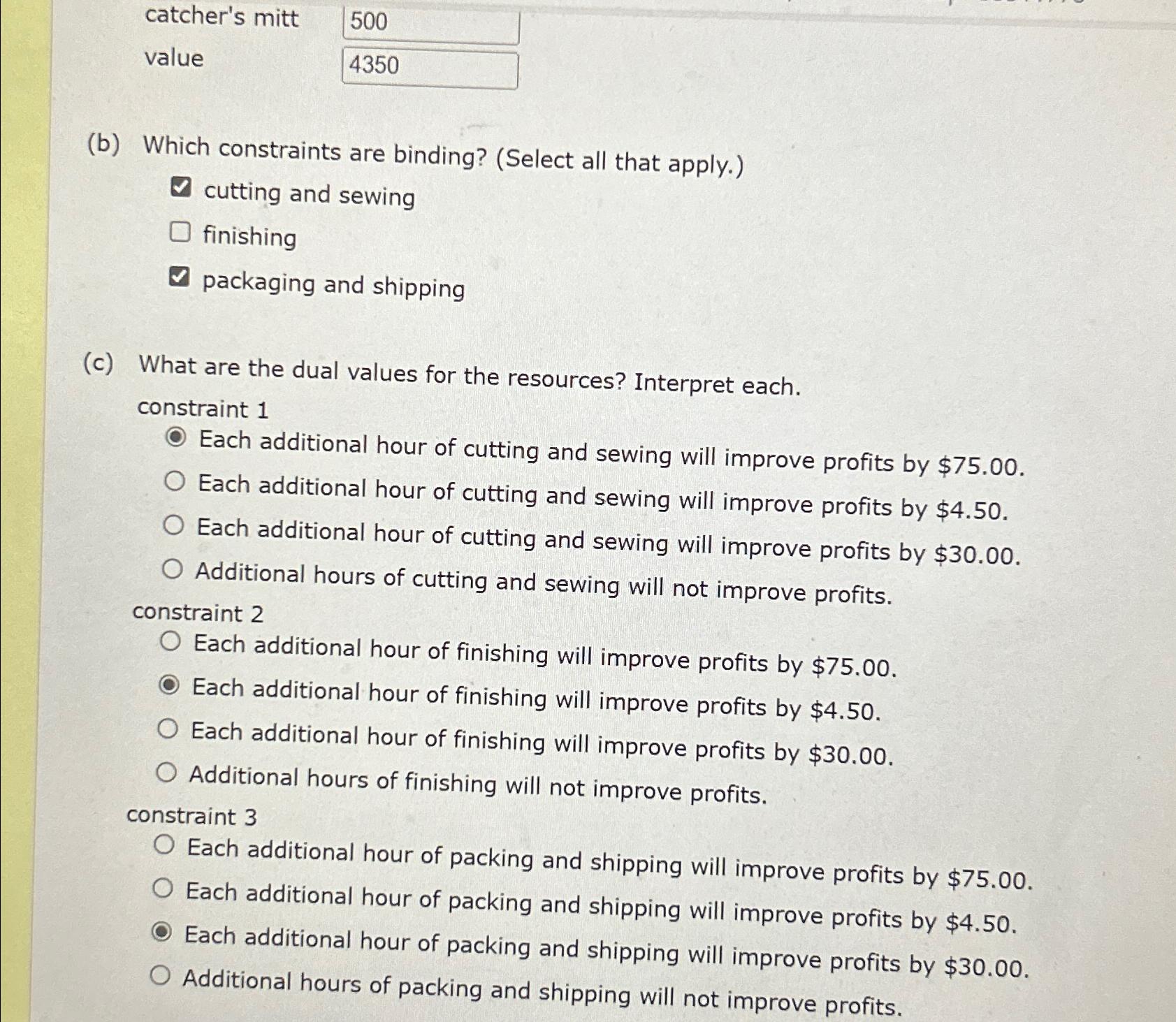  catcher's mitt 500 value (b) Which constraints are binding? (Select all