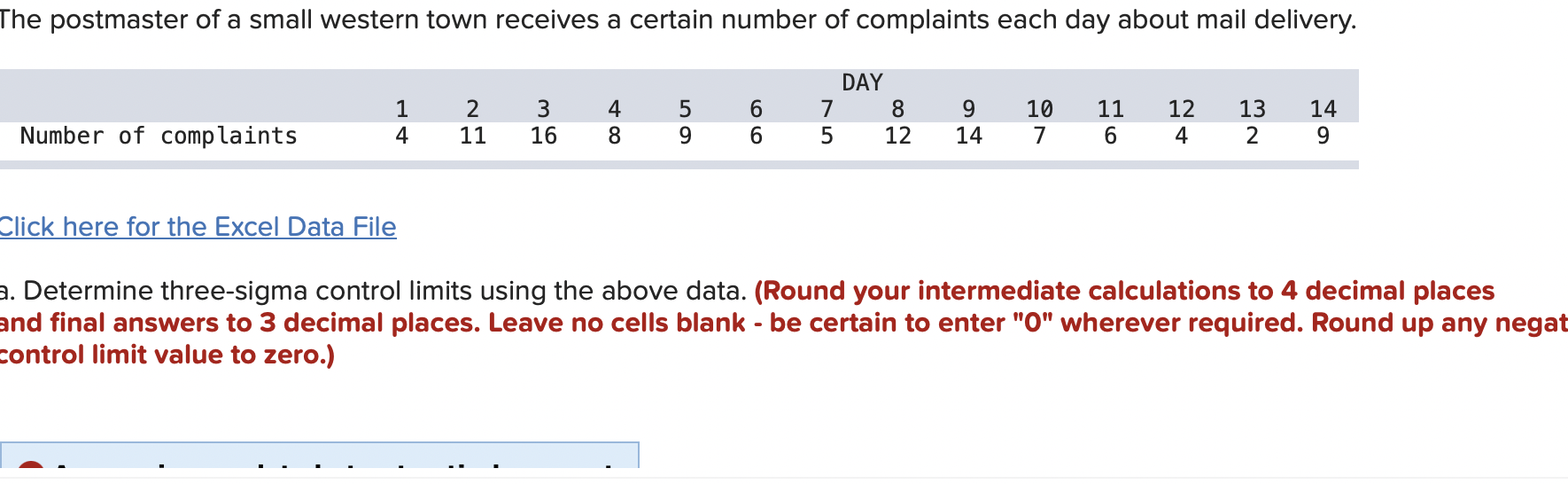  Determine three-sigma control limits using the above data. (Round your intermediate