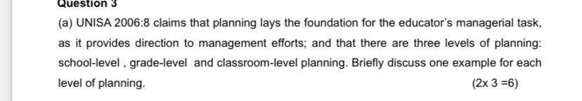  (a) UNISA 2006:8 claims that planning lays the foundation for the