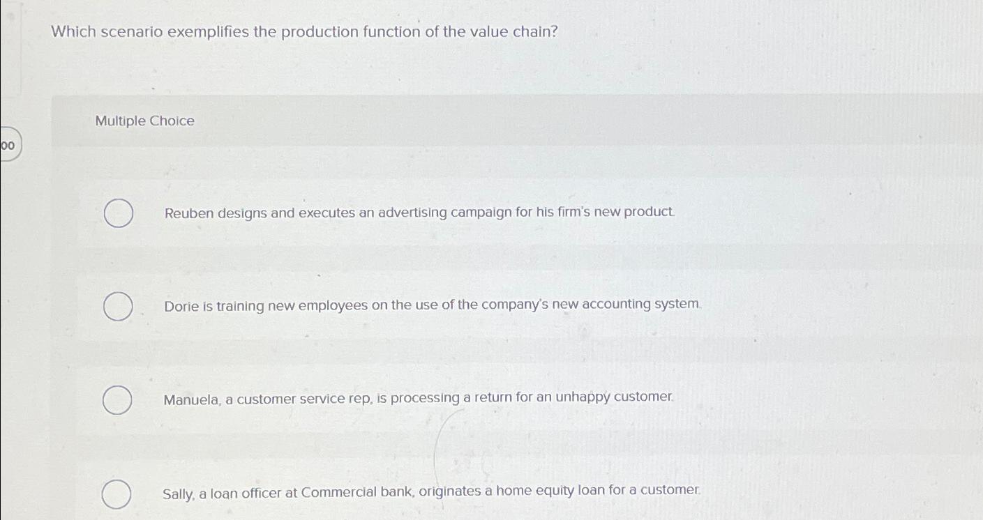 Which scenario exemplifies the production function of the value chain? Multiple