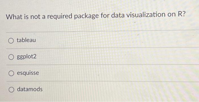  What is not a required package for data visualization on R?