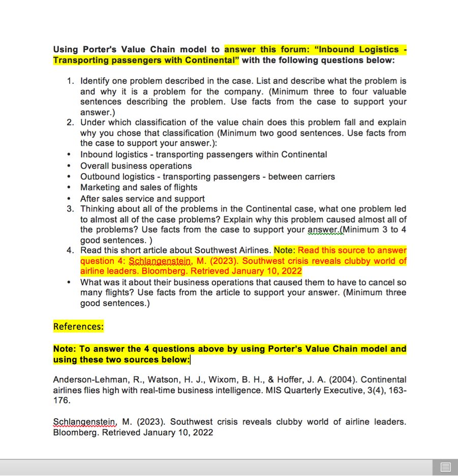  Using Porter's Value Chain model to answer this forum: "Inbound Logistics