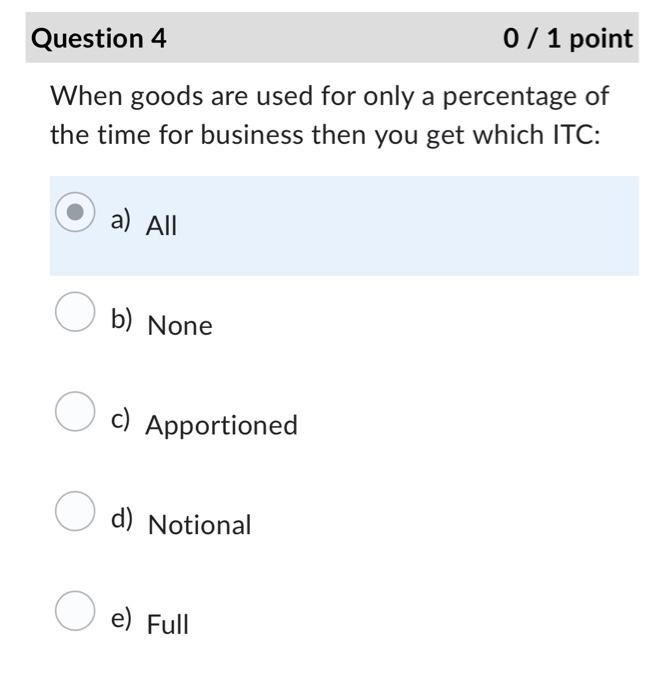  Question 4 0 / 1 point When goods are used for