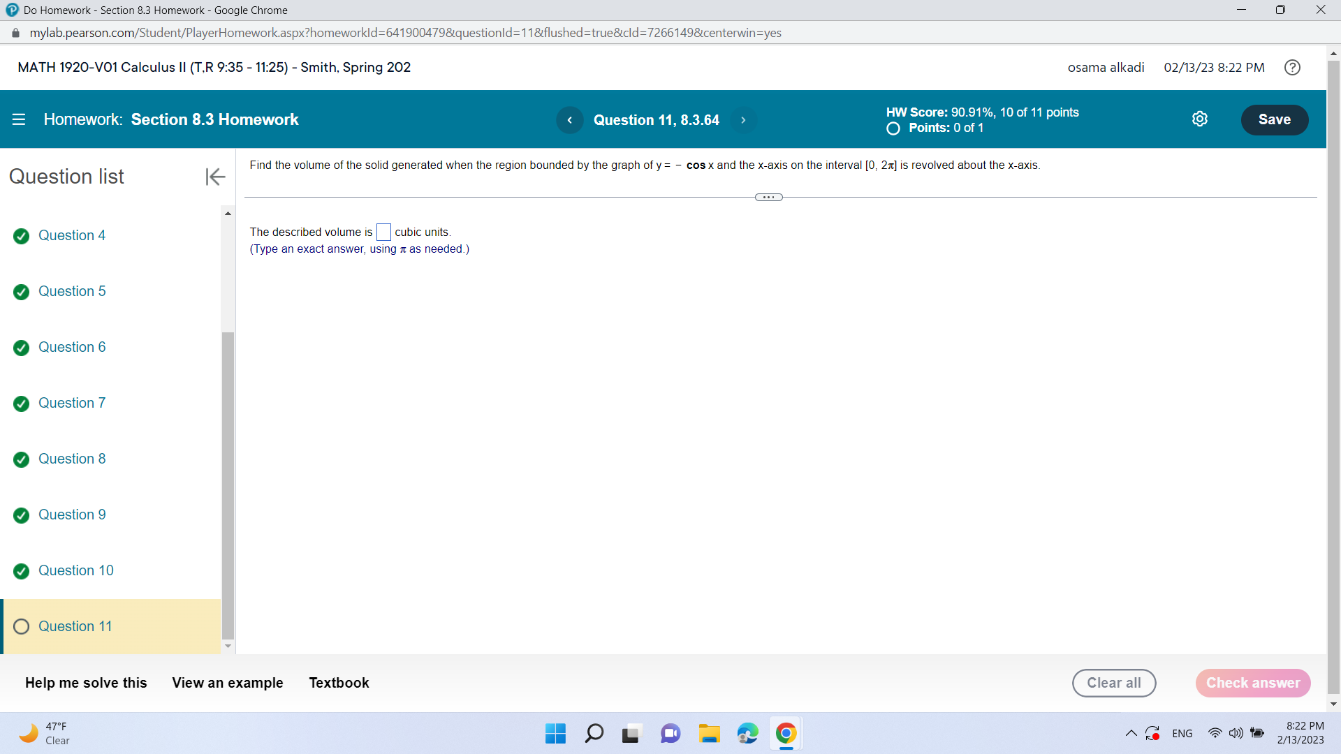  Do Homework - Section 8.3 Homework - Google Chrome X mylab.pearson.com/Student/PlayerHomework.aspx?homeworkld=641900479&questionld=11&flushed=true&cld=7266149&centerwin=yes