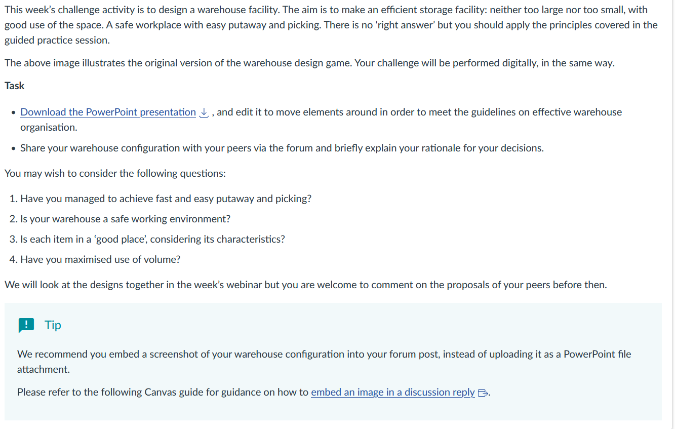 This week's challenge activity is to design a warehouse facility. The
