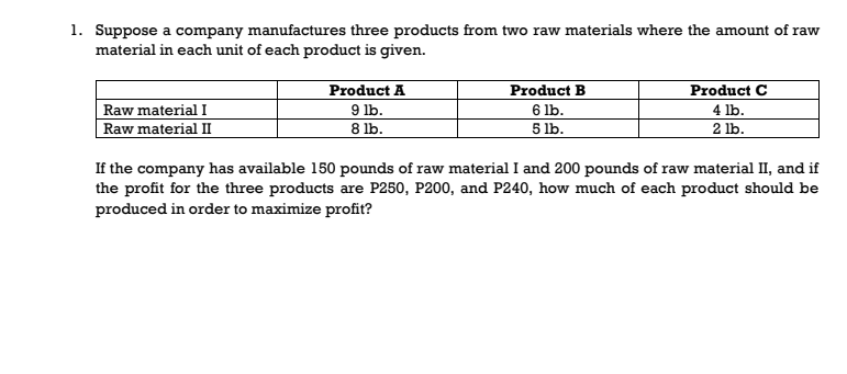 The following Linear Programing Problems using the simplex method. 1. Suppose a