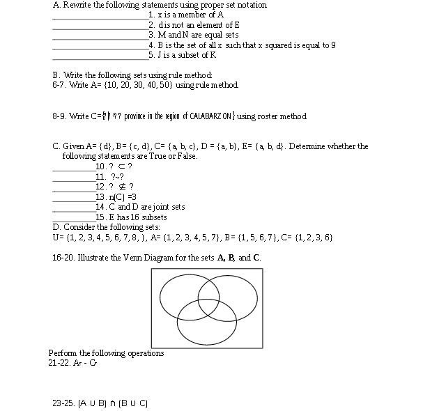 A. Rewrite the following statements using proper set notation 1. x