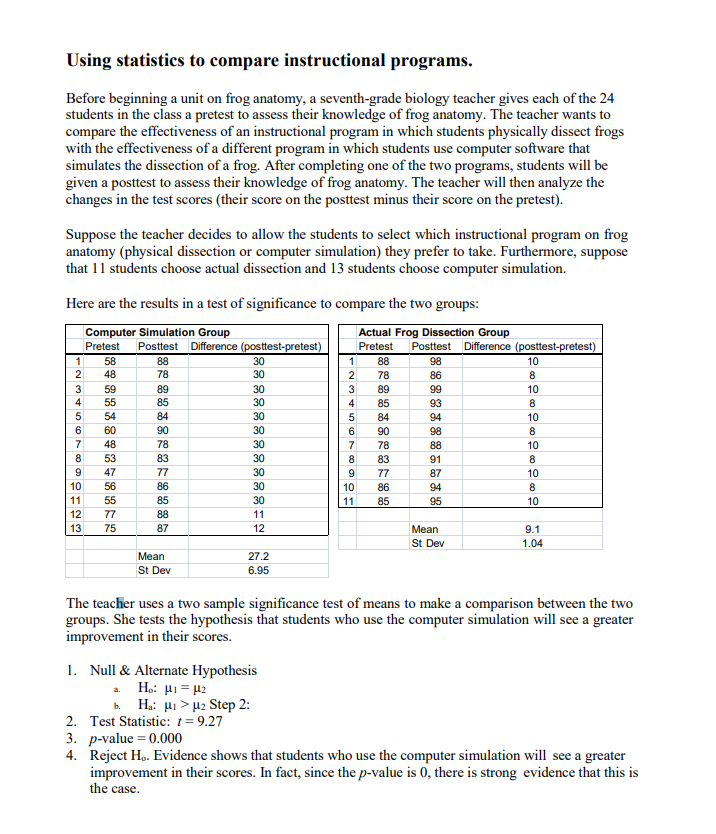 Using statistics to compare instructional programs. Before beginning a unit on