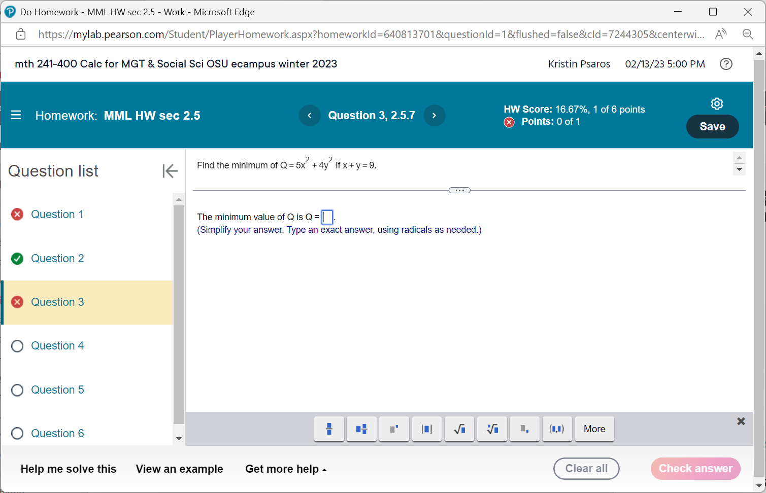 Do Homework - MML HW sec 2.5 - Work - Microsoft
