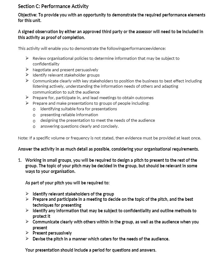  Section C: Performance Activity Objective: To provide you with an opportunity