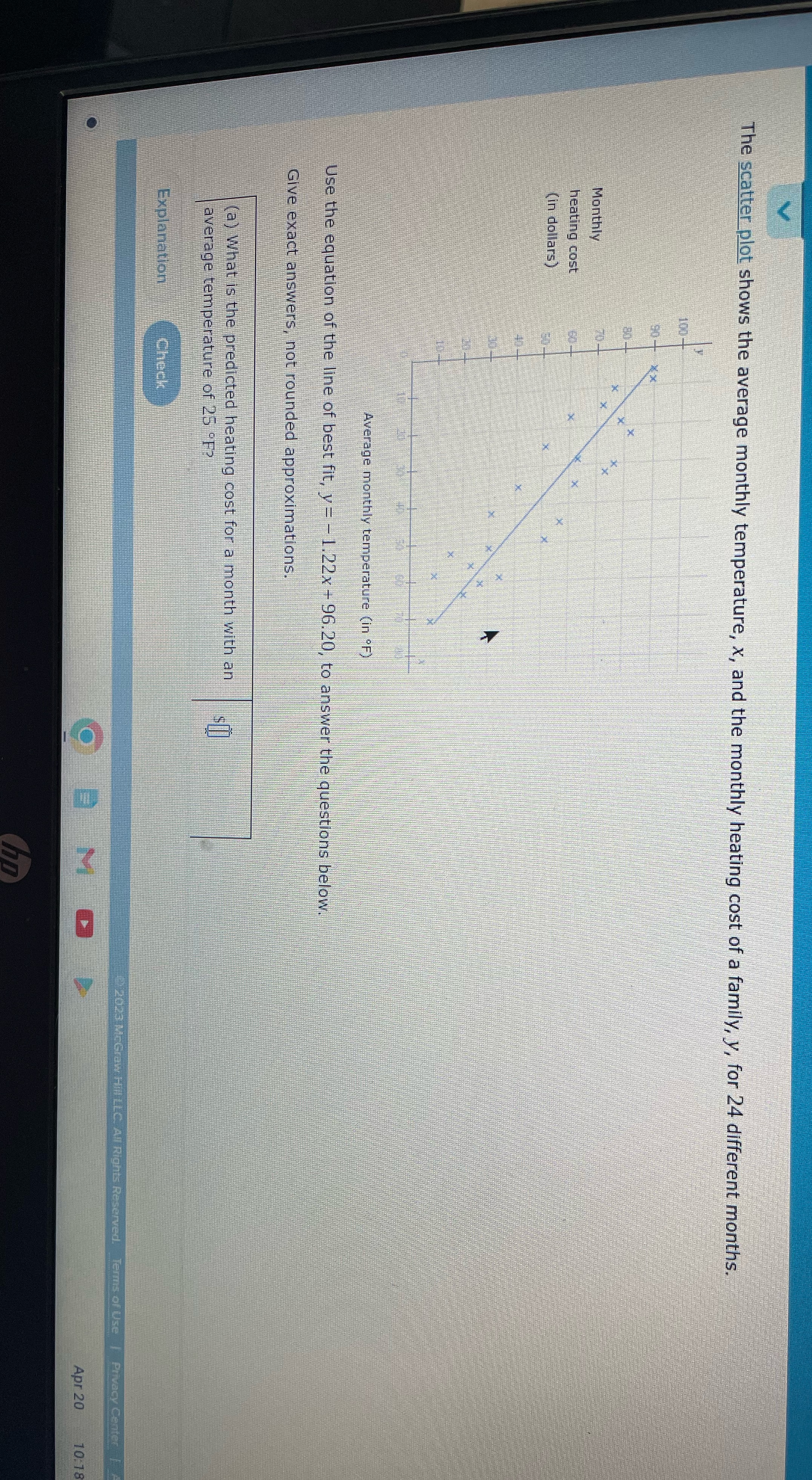  The scatter plot shows the average monthly temperature, x, and the