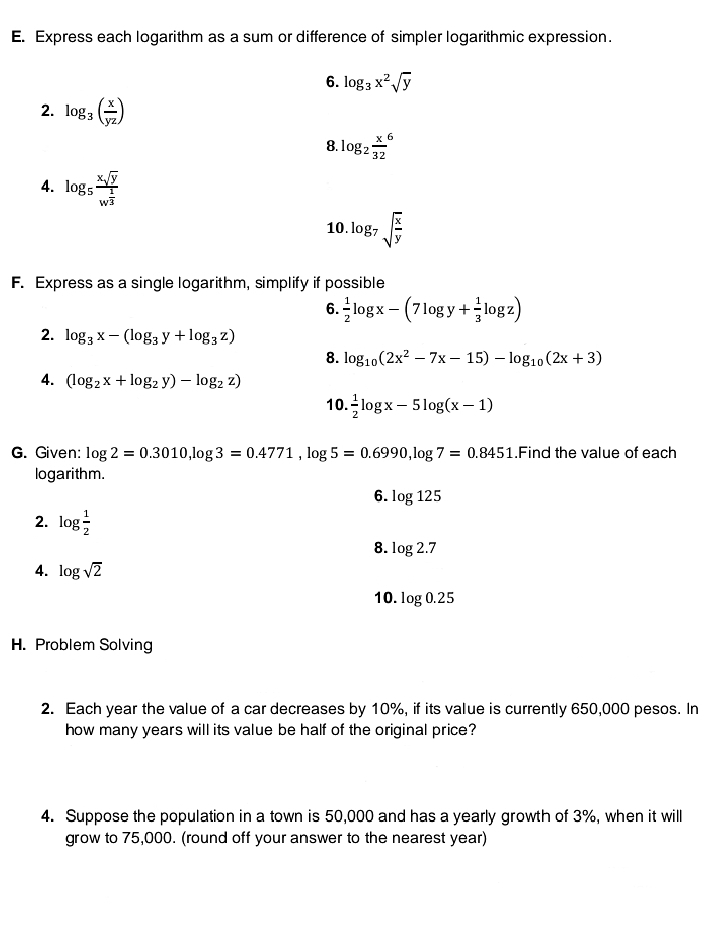 Topic: Logarithmic Function E. Express each logarithm as a sum or difference