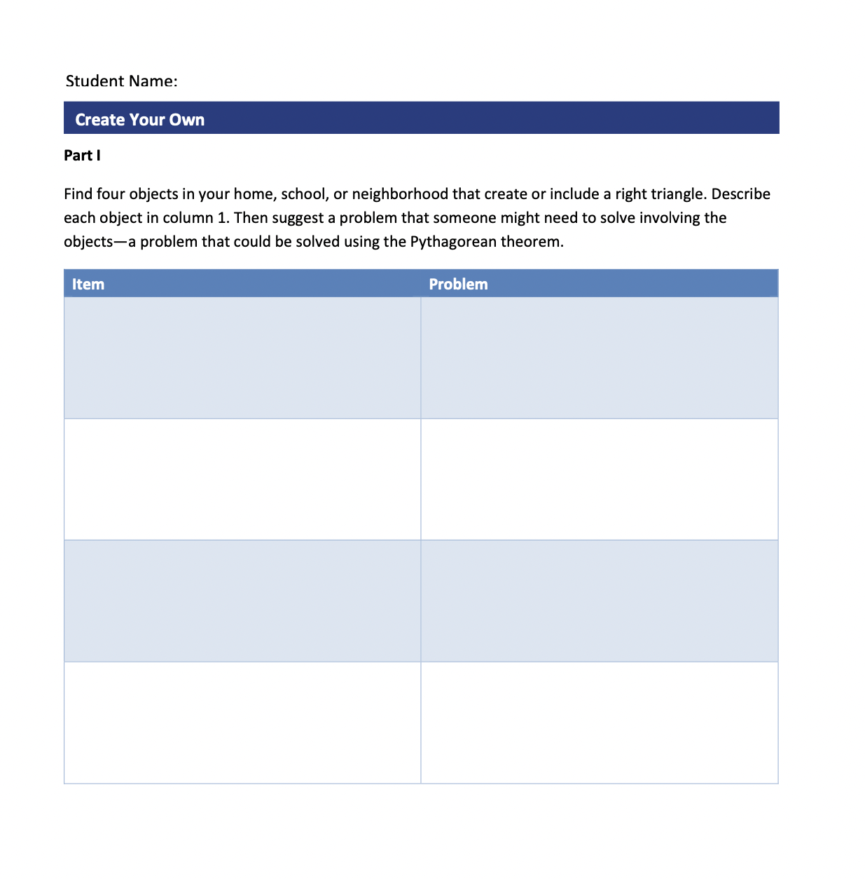 Student Name: Create Your Own Partl Find four objects in your