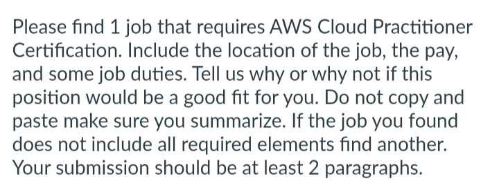  Please find 1 job that requires AWS Cloud Practitioner Certification. Include