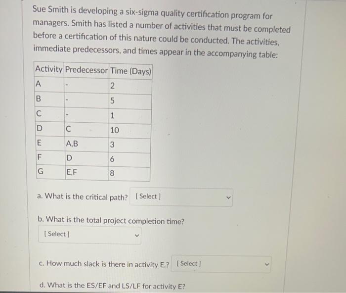  Sue Smith is developing a six-sigma quality certification program for managers.
