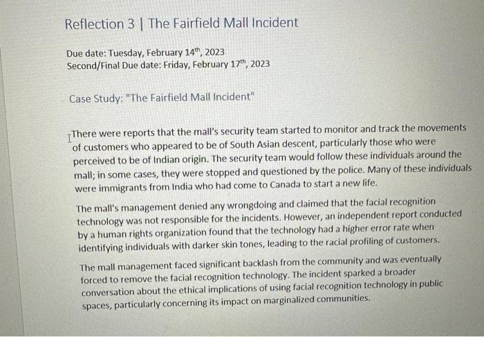  Reflection 3 | The Fairfield Mall Incident Due date: Tuesday, February