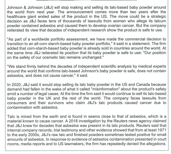 Johnson \& Johnson (J\&J) will stop making and selling its talc-based