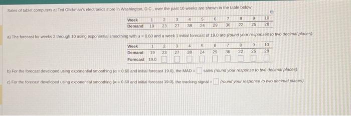  b) For the forecast develeged using exponential smooting (a =0.60 and